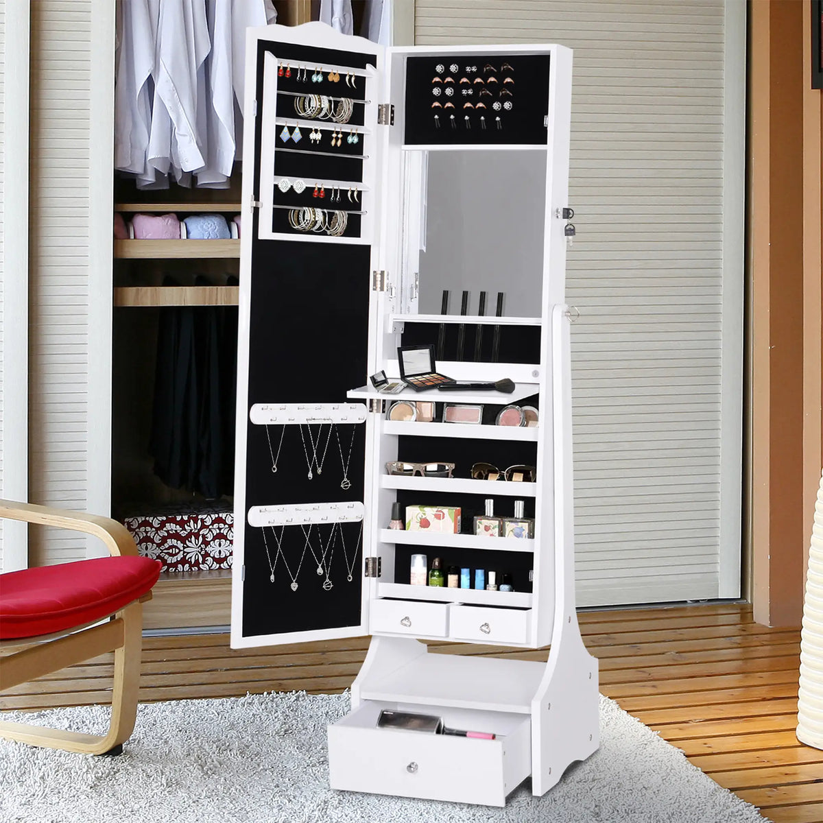 Standing Jewelry Cabinet Organizer with LED Lights, White Jewelry Armoire & Jewellery Mirror Cabinets at Gallery Canada