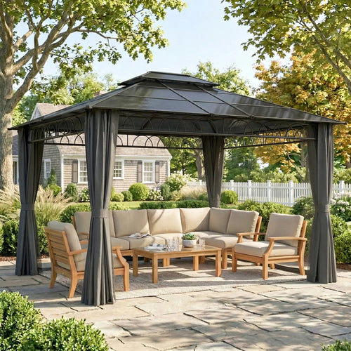 10' x 12' Outdoor Gazebo, Double Roof Hardtop, Polycarbonate Roof, Steel Frame