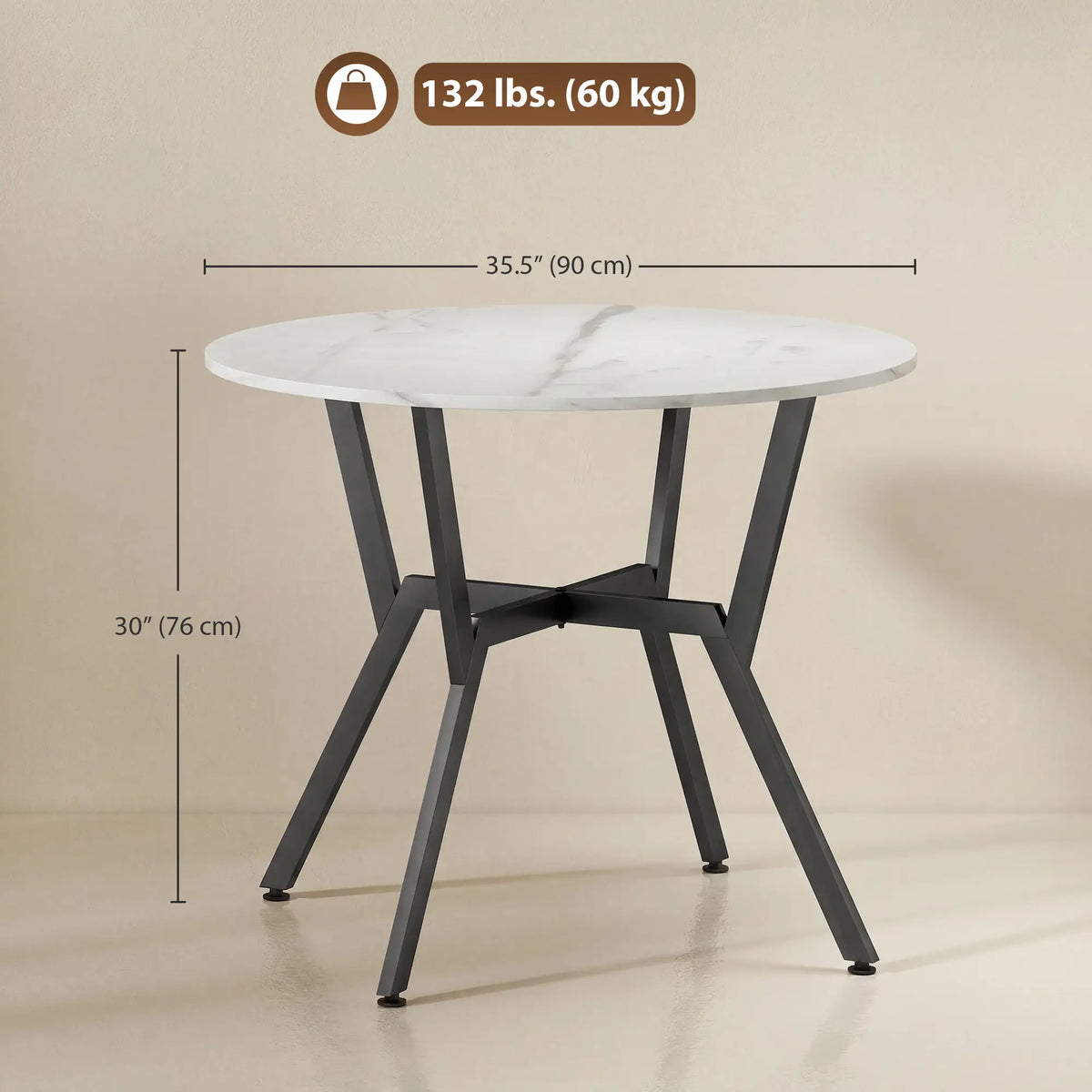 35" Round Dining Table, Modern Steel Frame, White Marble, White Dining Tables at Gallery Canada