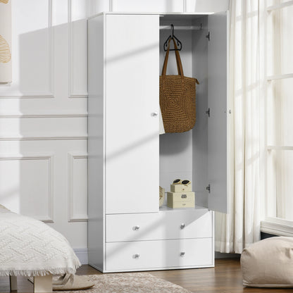 Modern Wardrobe Closet, 2 Drawers, Hanging Rod, Anti-Tipping, White Clothing Storage at Gallery Canada