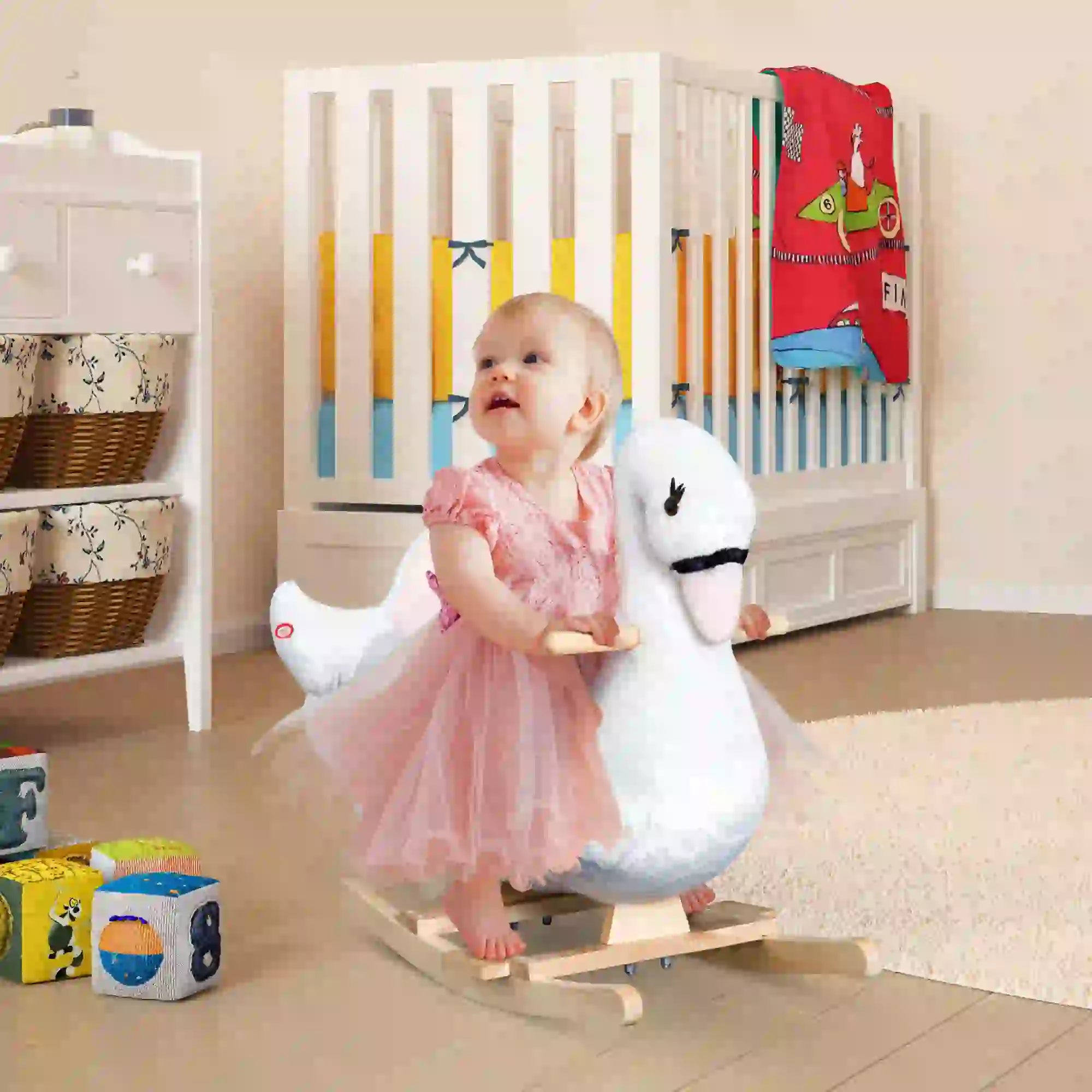 Soft Warm Kids Rocking Horse, Plush Ride On Toy, Swan Style, White Rocking Horses at Gallery Canada