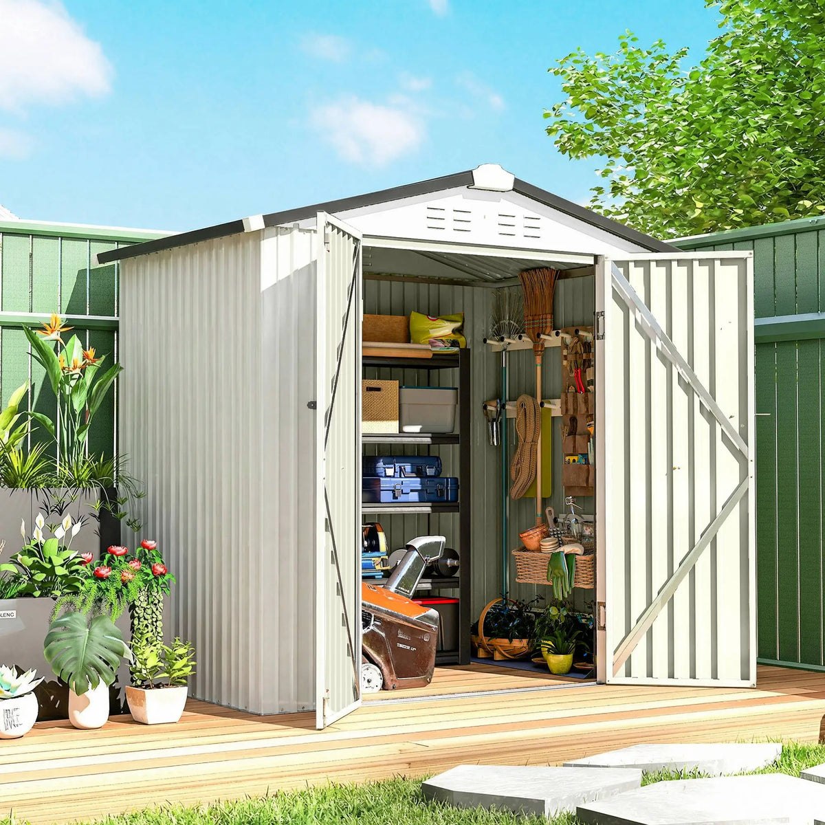6.5' x 4' Outdoor Storage Shed, Metal Garden Shed, Silver-White Sheds at Gallery Canada