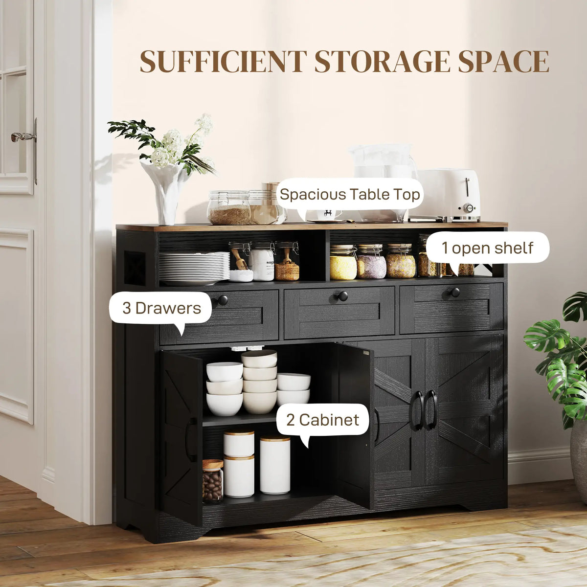 Sideboard, Buffet Cabinet with 4 Barn Doors, 3 Drawers, Black Storage Cabinets at Gallery Canada