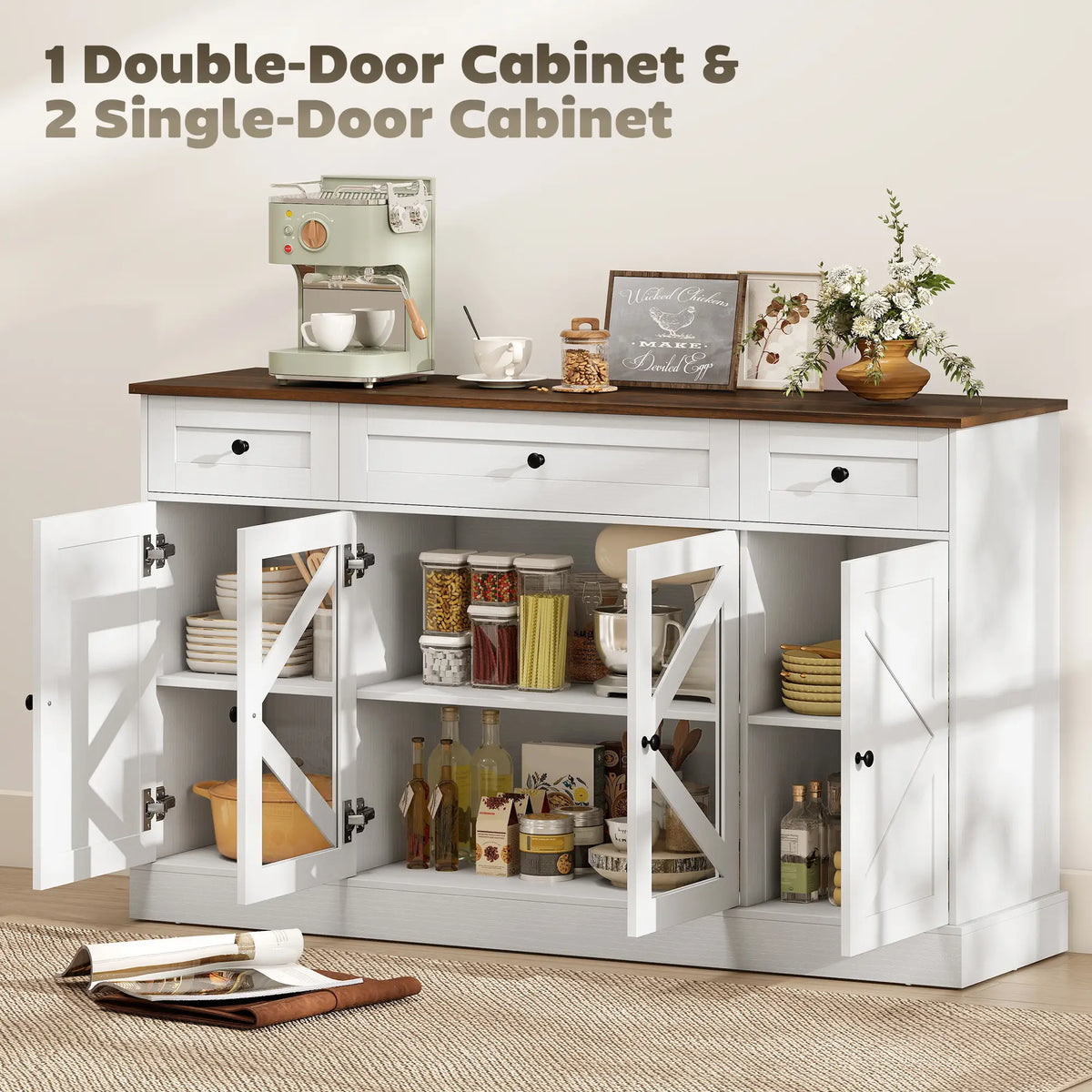 Farmhouse Sideboard Buffet Cabinet, 54", White Wood Grain Storage Cabinets at Gallery Canada