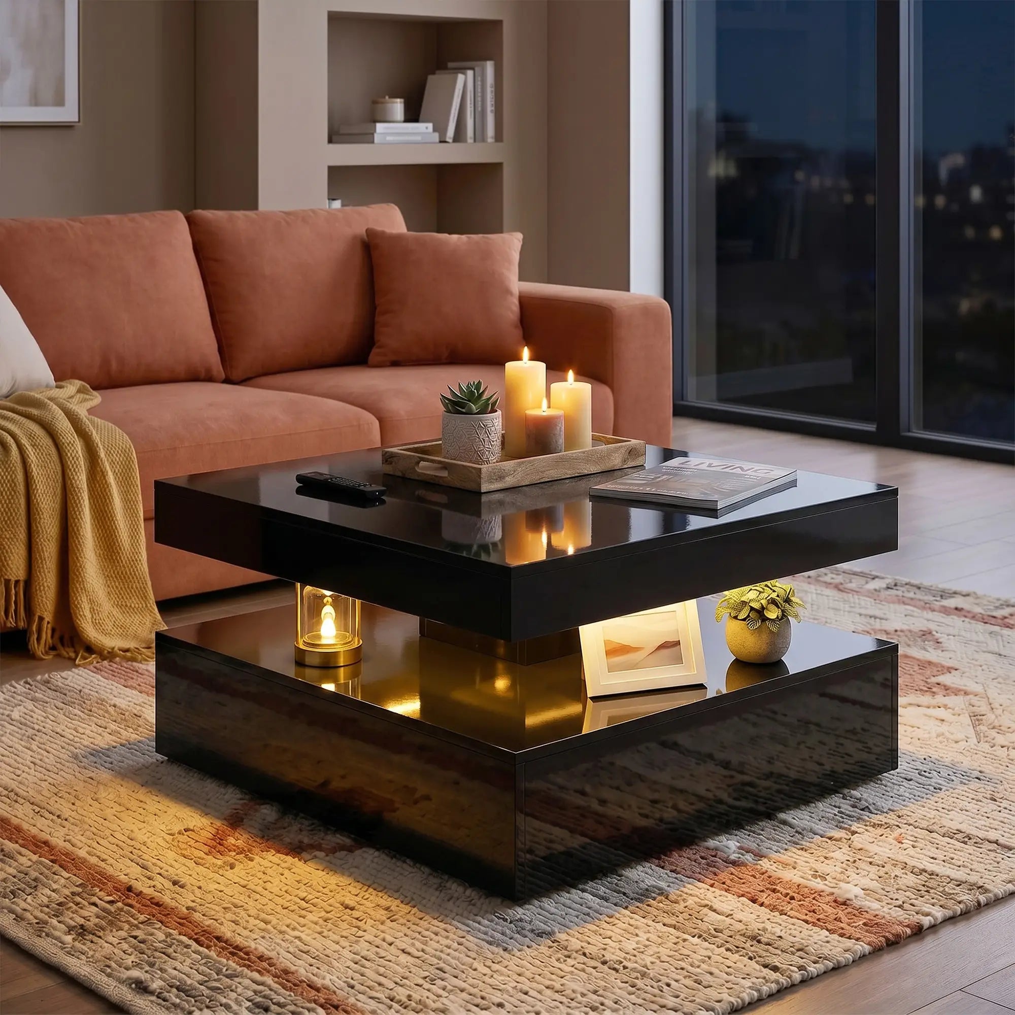 LED Coffee Table with Storage, 2-Tier Modern Center Table with Open Shelf and Remote for Living Room, High Gloss Black Coffee Tables at Gallery Canada