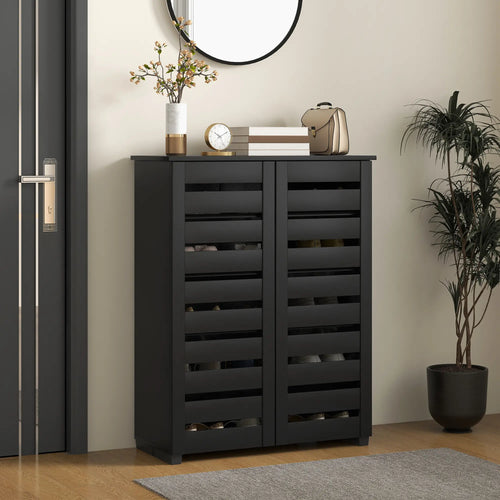 Shoe Storage Cabinet, 2 Slatted Doors, Holds 15 Pairs, Black