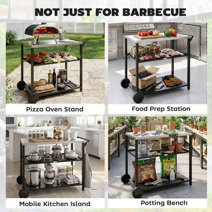 Outdoor Grill Cart, Stainless Steel Top, Three-Tier Pizza Oven Stand, Black Outdoor Grill Carts at Gallery Canada