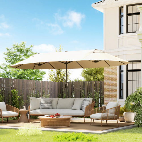15 Ft Twin Canopy Patio Umbrella, Steel Lift Crank, Beige