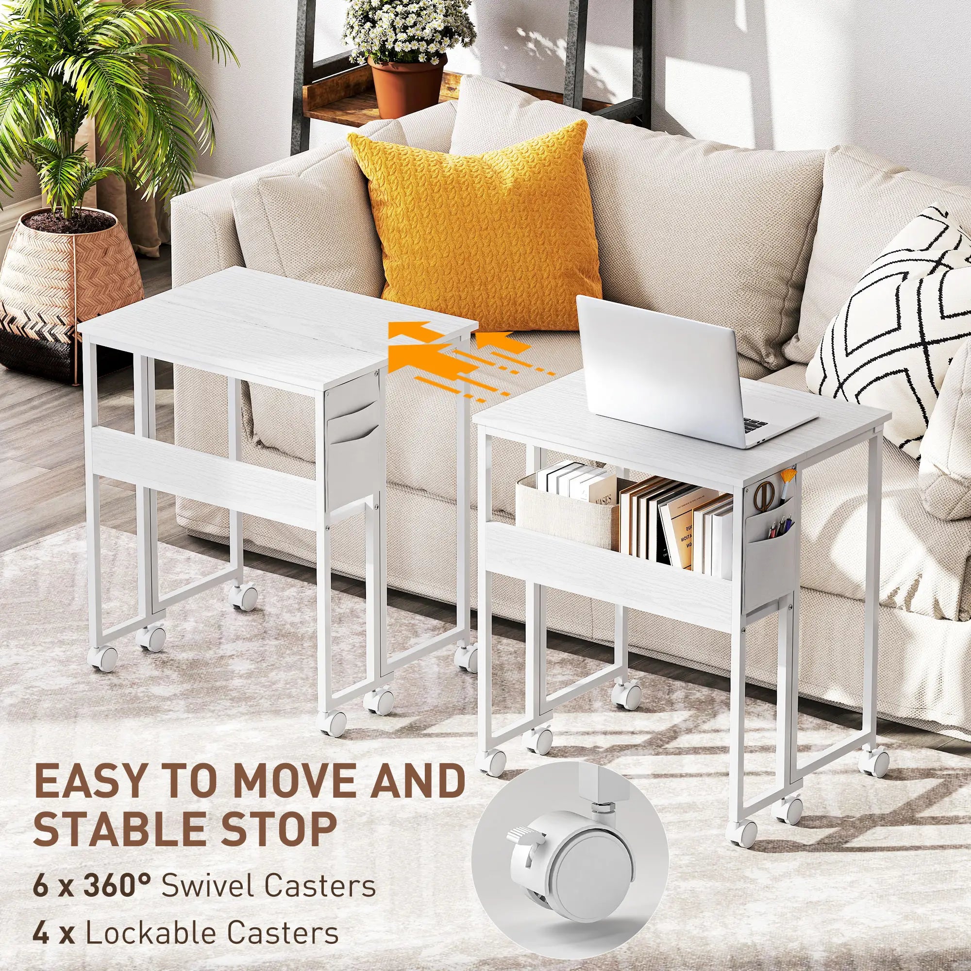 Folding Computer Desk with Storage Bag Shelf and Wheels White, White Writing Desks at Gallery Canada