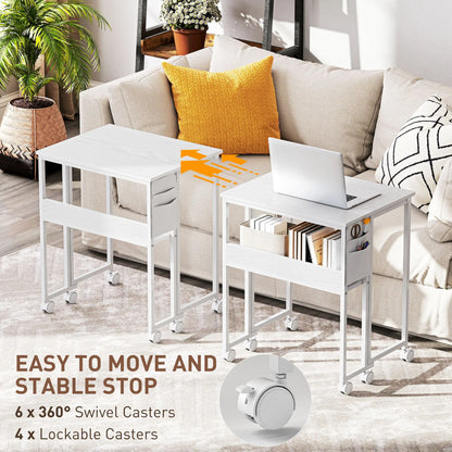 Folding Computer Desk with Storage Bag Shelf and Wheels White, White Writing Desks at Gallery Canada