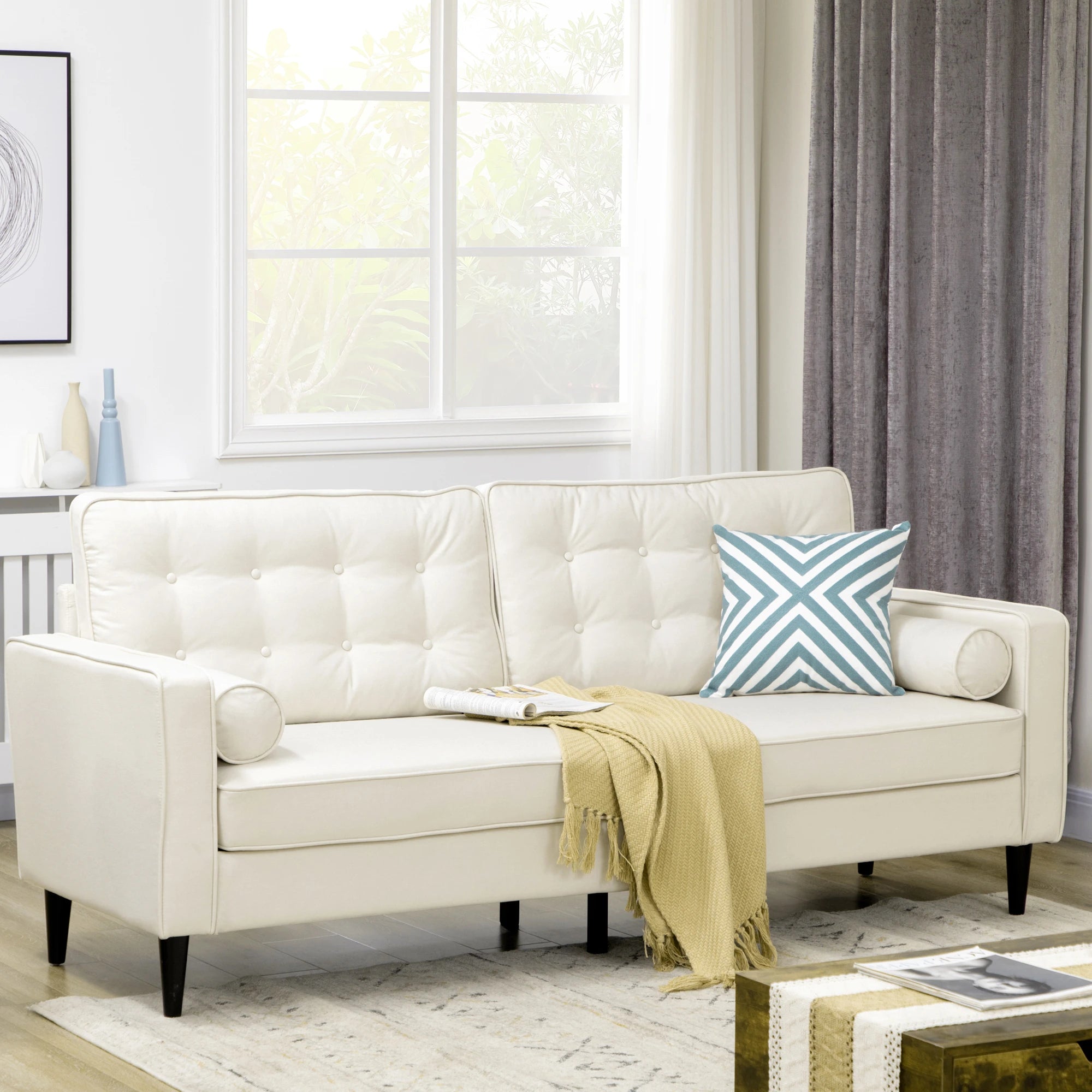 Mid-Century Sofa, Button-Tufted Back, Velvet Fabric, Cream White 3-Seater Sofas at Gallery Canada