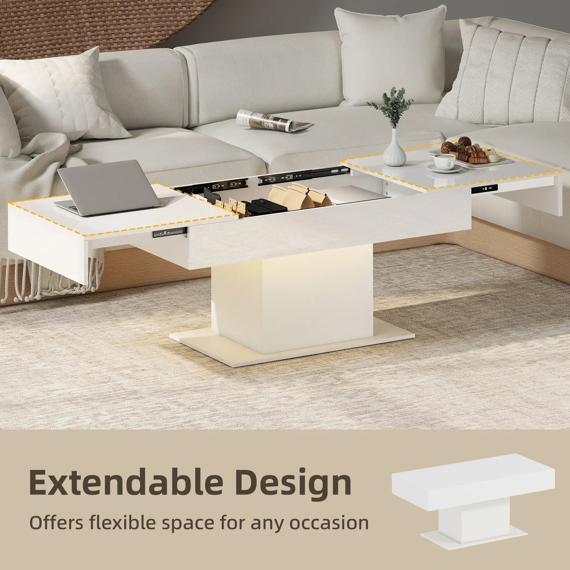 Extendable Coffee Table with LED Lights, Modern High Gloss Center Table with Hidden Storage, White Coffee Tables at Gallery Canada