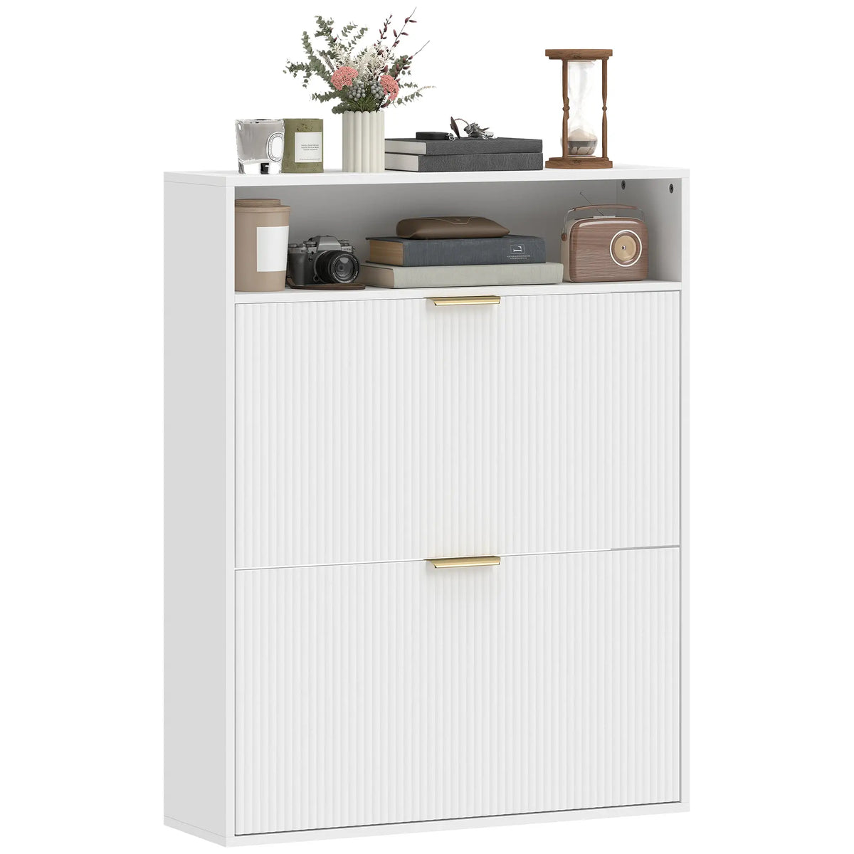 Narrow Shoe Cabinet With 2 Flip Drawers, Top Shelf, White Shoe Storage Cabinets & Racks White at Gallery Canada