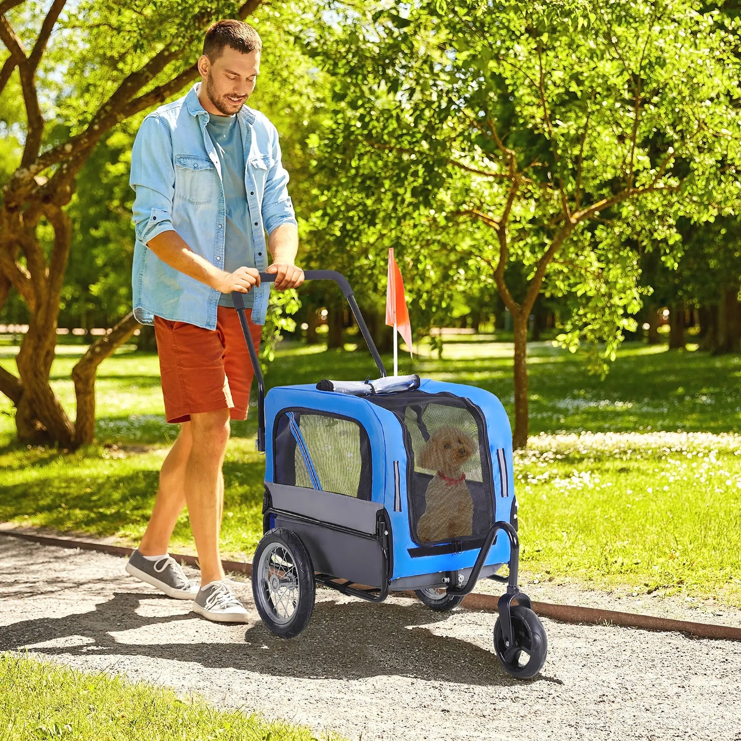 Dog Bike Trailer 2-In-1 Pet Stroller Cart Bicycle Wagon Cargo Carrier Attachment for Travel with 360 Swivel Wheel, Hitch, Suspension, Safety Flag, Blue Dog Bike Trailers & Strollers at Gallery Canada