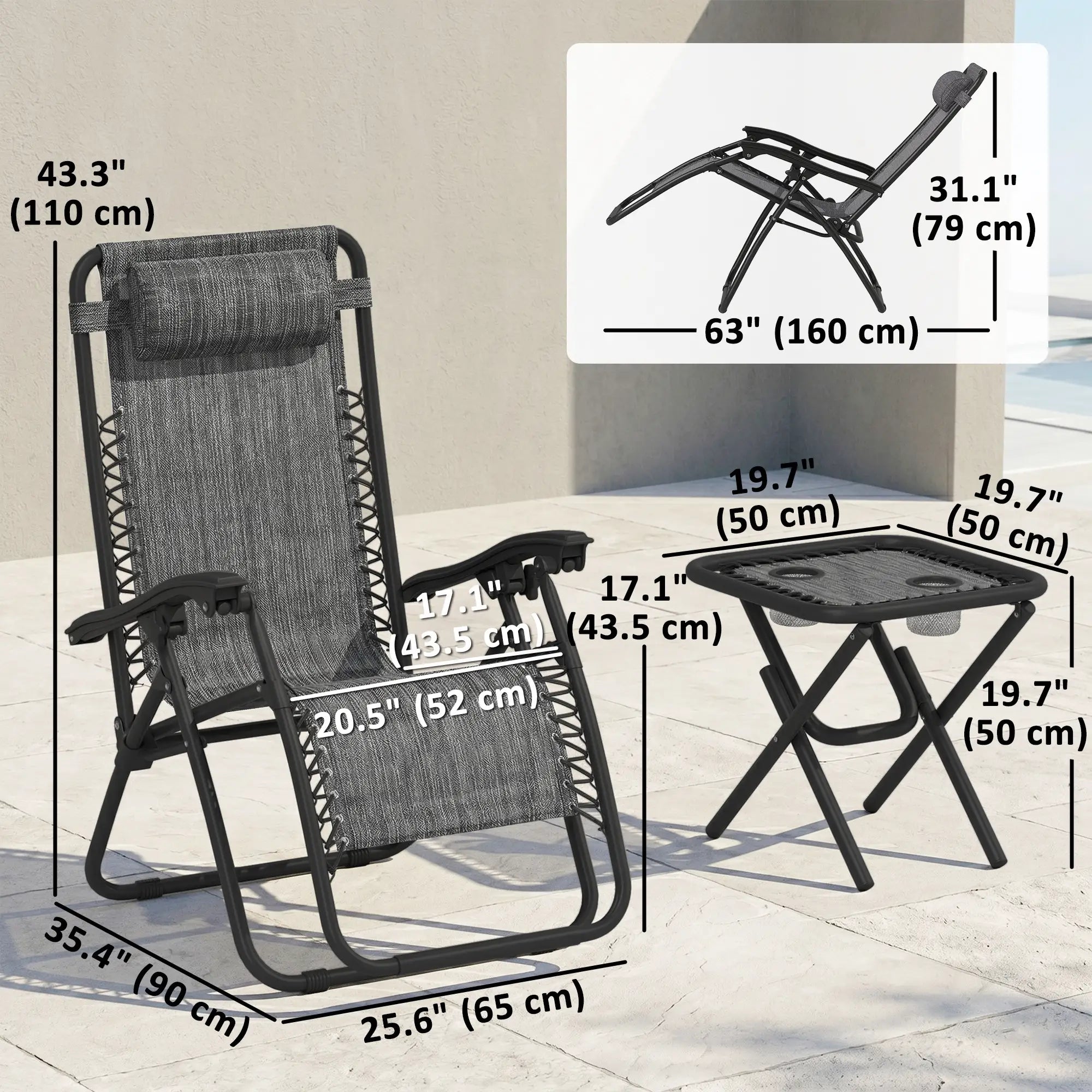 Zero Gravity Chair Set of 2, Patio Chair with Side Table, Dark Grey Lounger Chairs at Gallery Canada