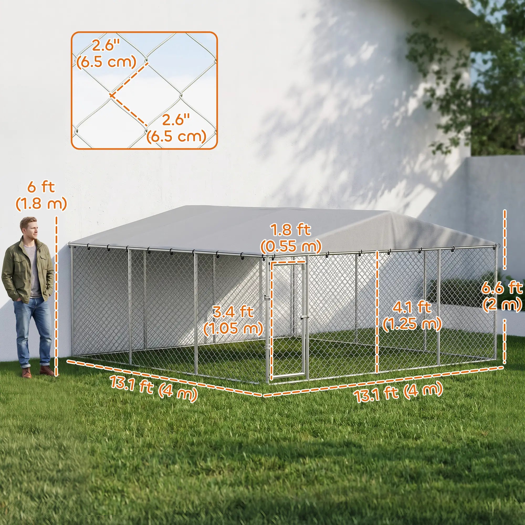 13.1' X 13.1' X 6.6' Outdoor Dog Kennel, Galvanized Steel, Silver Dog Kennels at Gallery Canada