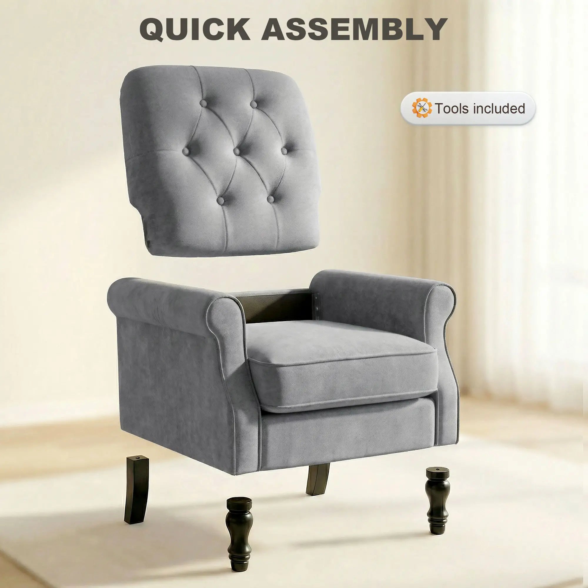 Mid-Century Modern Armchair, Thick Padded Seat, Spring Cushion, Solid Wood Legs, Grey Single Sofas at Gallery Canada