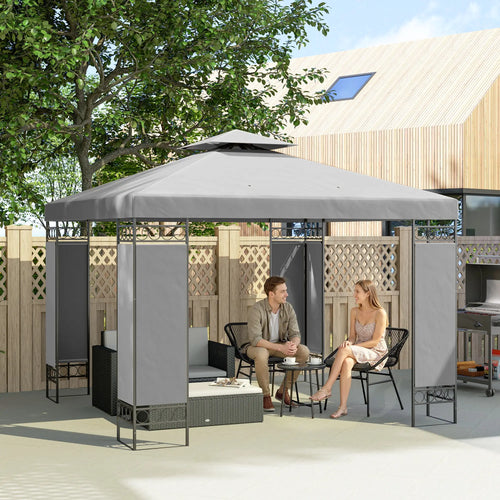 10x10 FT Canopy Gazebo, Double Roof With Screen Panels, Light Grey