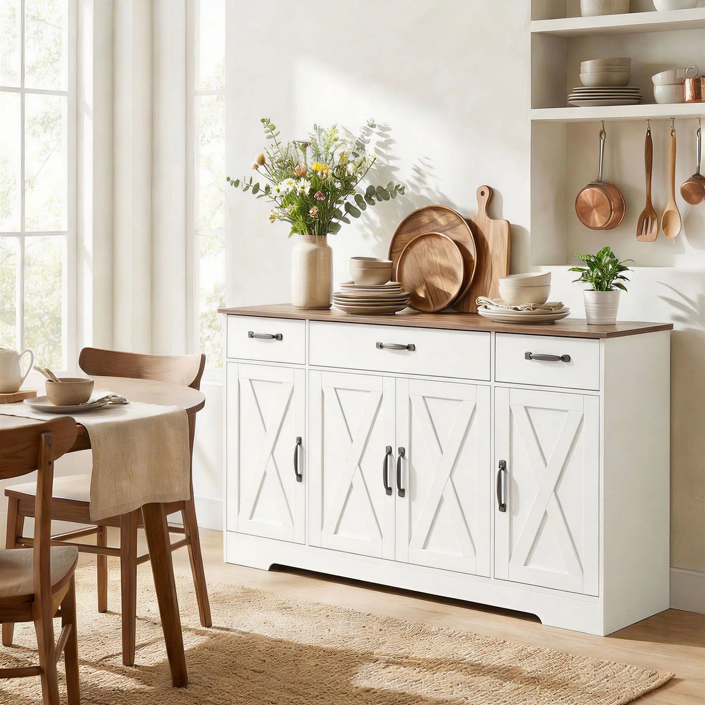 55" White Sideboard Buffet Cabinet, Farmhouse Kitchen With Barn Doors, White Bar Cabinets at Gallery Canada