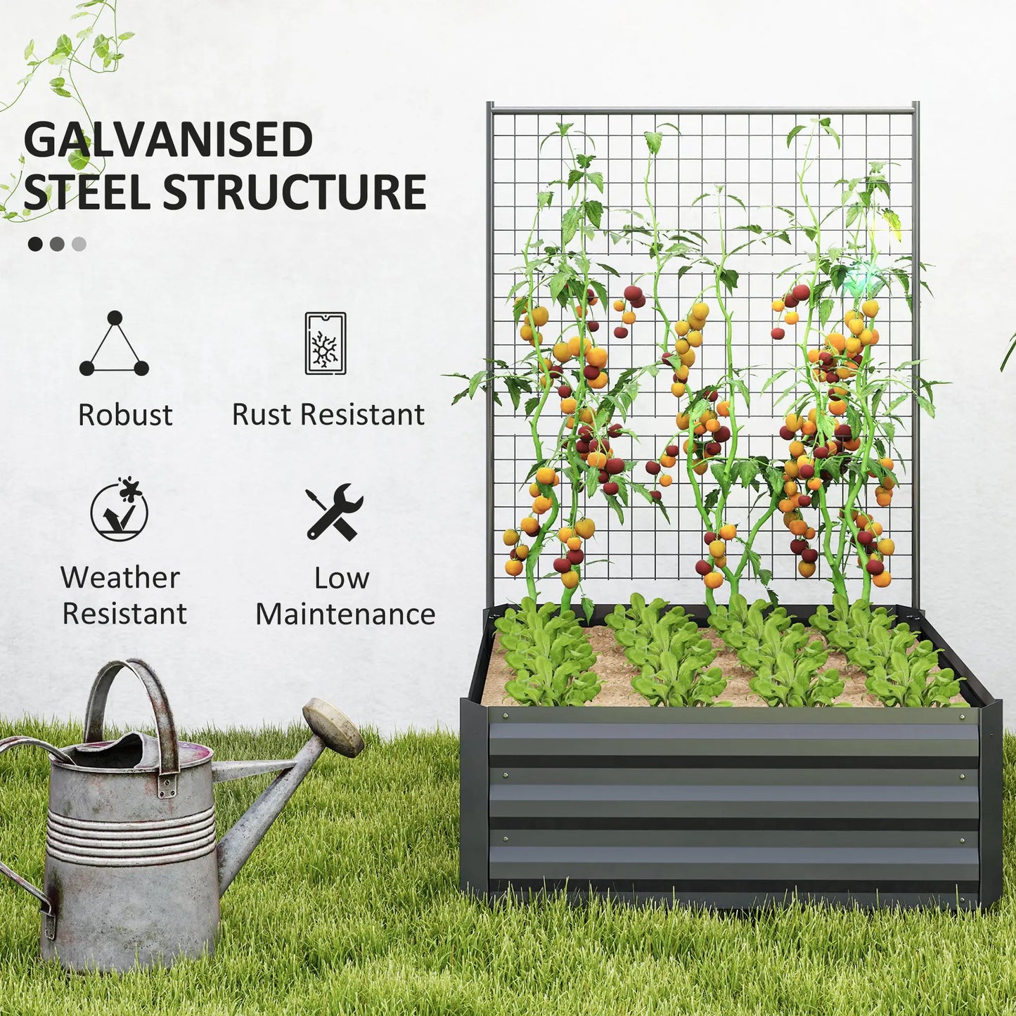 Galvanized Raised Garden Bed, Trellis for Climbing Plants, Dark Grey Raised Garden Beds at Gallery Canada