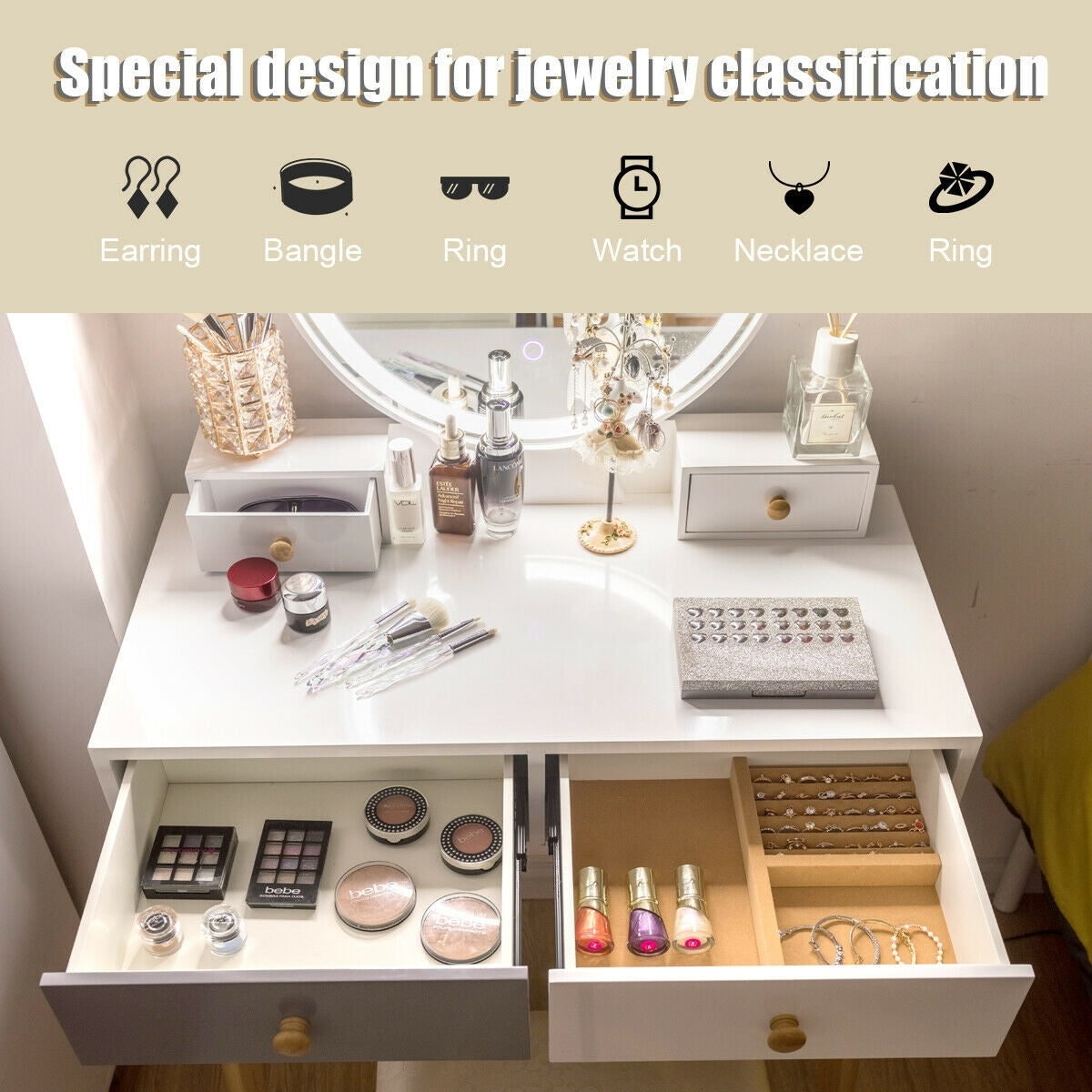 Makeup Dressing Table With 4 Drawers, Lighted Mirror, White Makeup Vanities at Gallery Canada