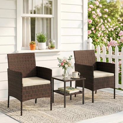 3 Piece Wicker Bistro Set, 2-Tier Glass Top Table, Khaki Bistro Sets at Gallery Canada