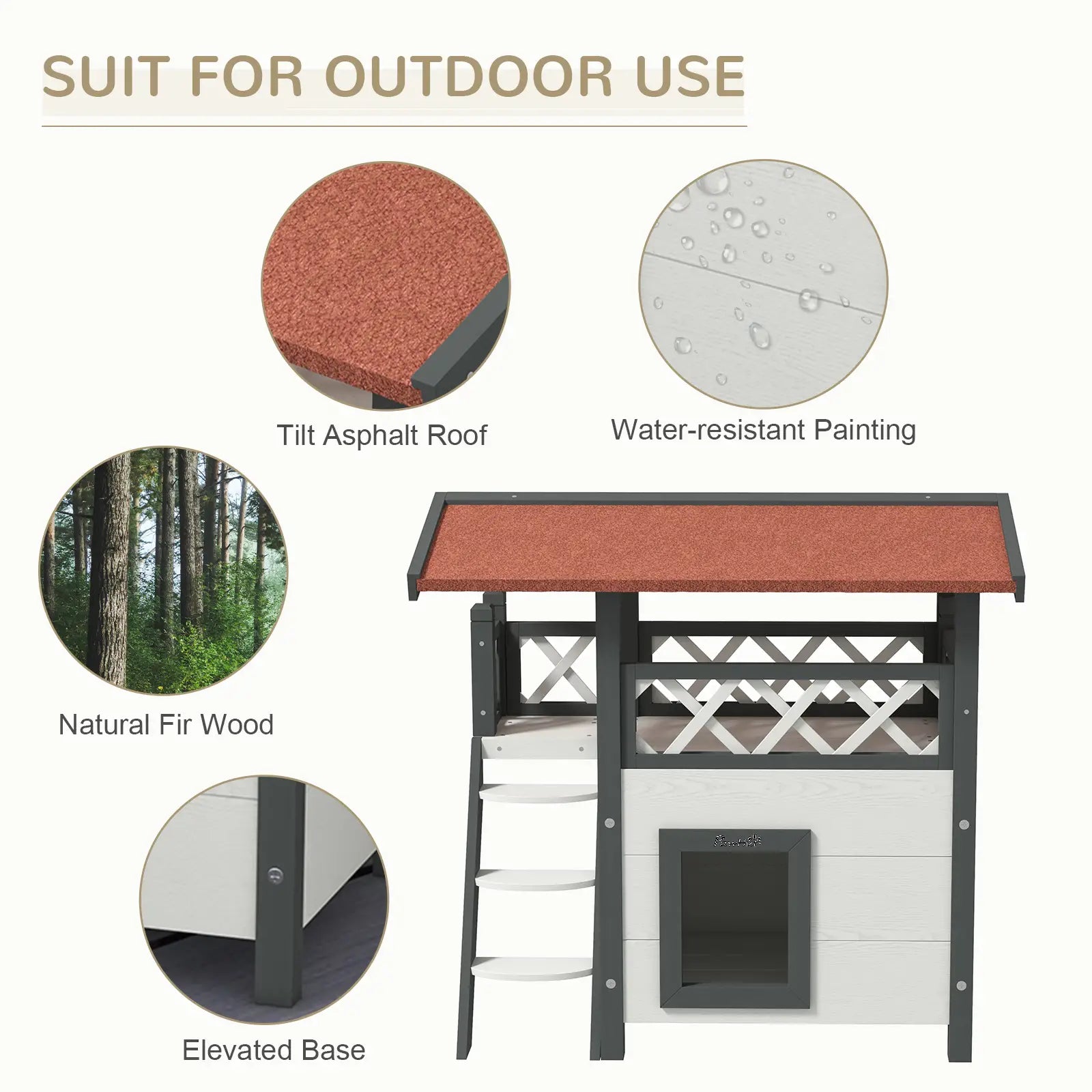 Wooden 2-Story Cat Shelter, Asphalt Roof, Stairs, Balcony, 30