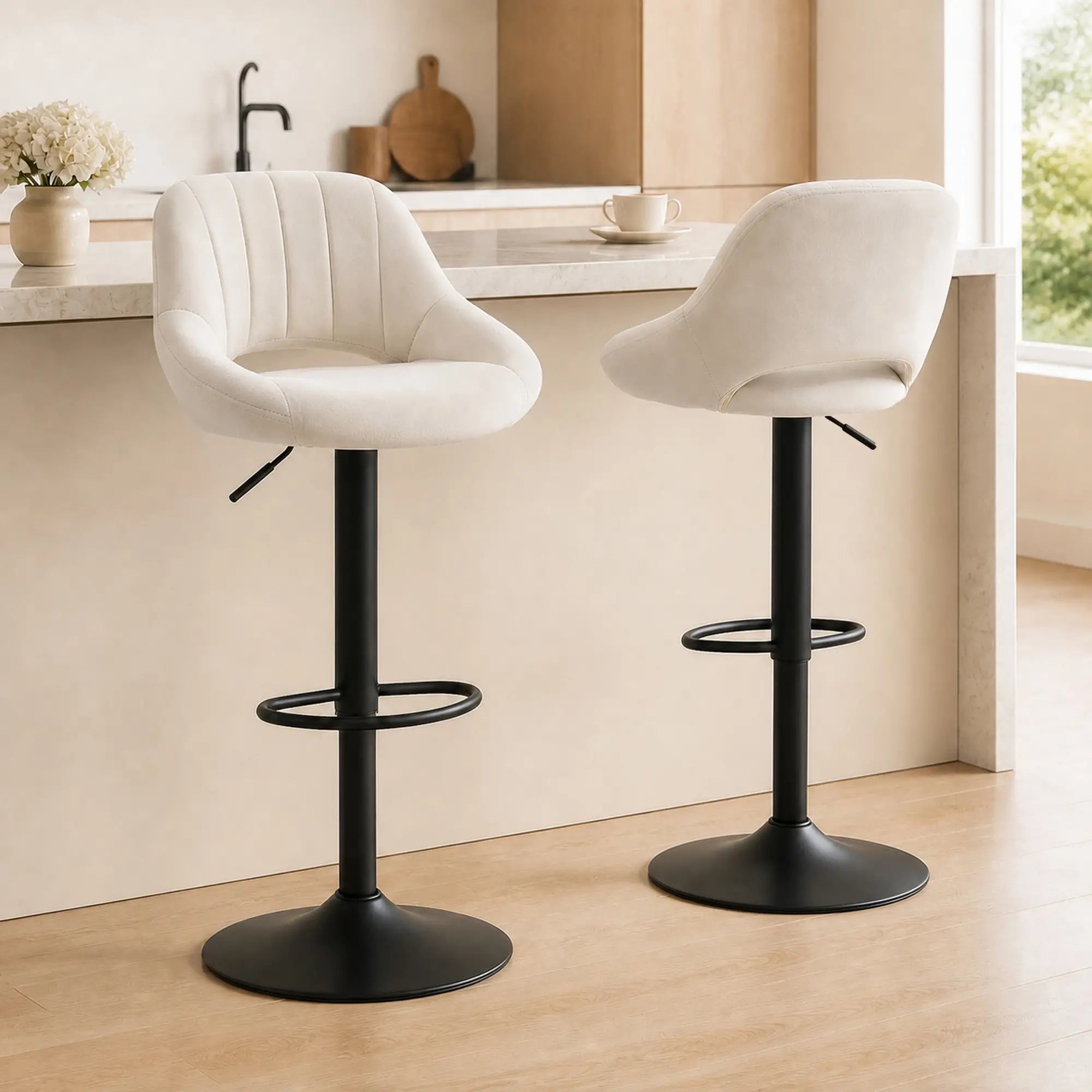 Swivel Bar Stools Set of 2, Adjustable Height, Plush Upholstered, Cream Bar Stools at Gallery Canada