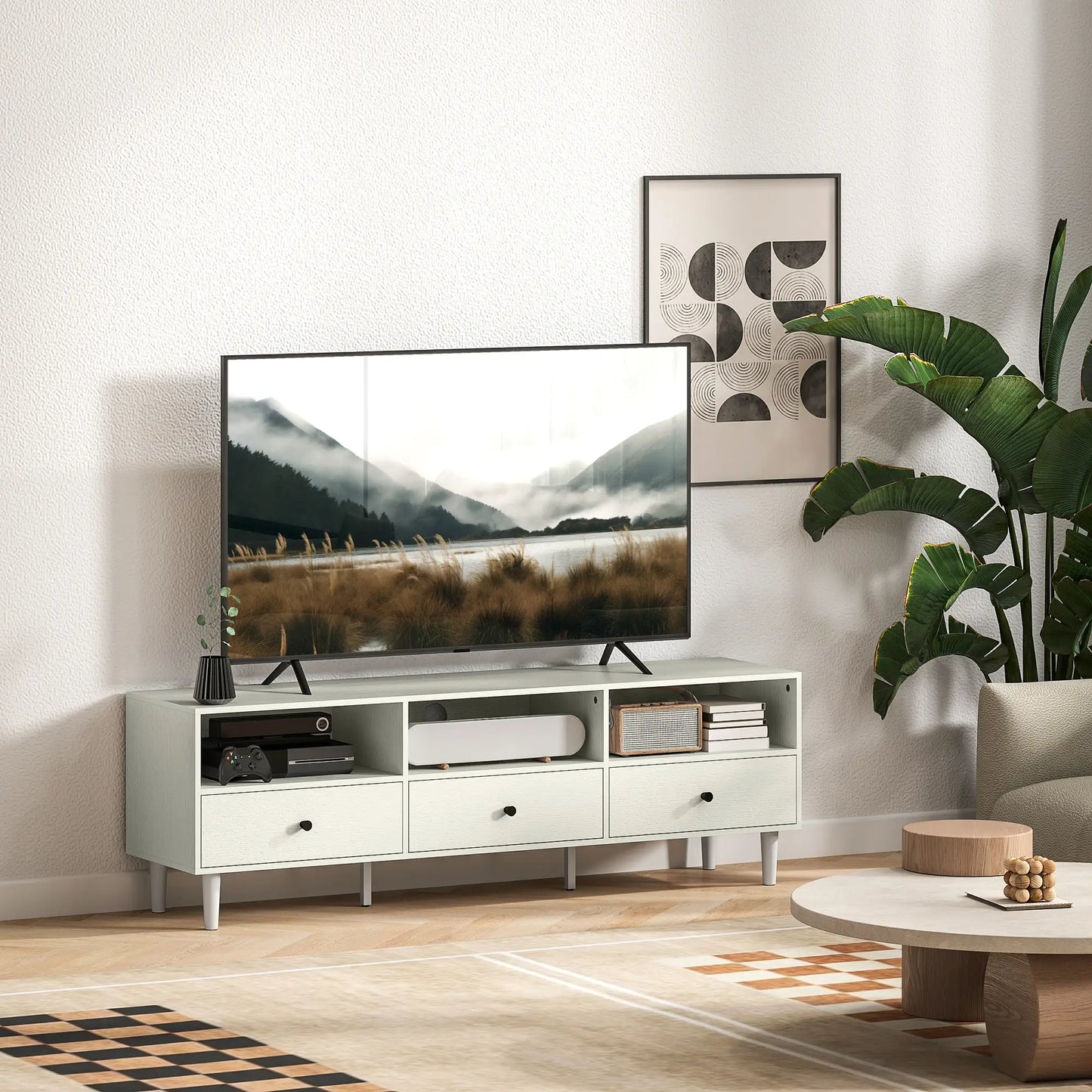 TV Stand for 75 Inches, 3 Storage Shelves, 3 Drawers, White TV Stands at Gallery Canada
