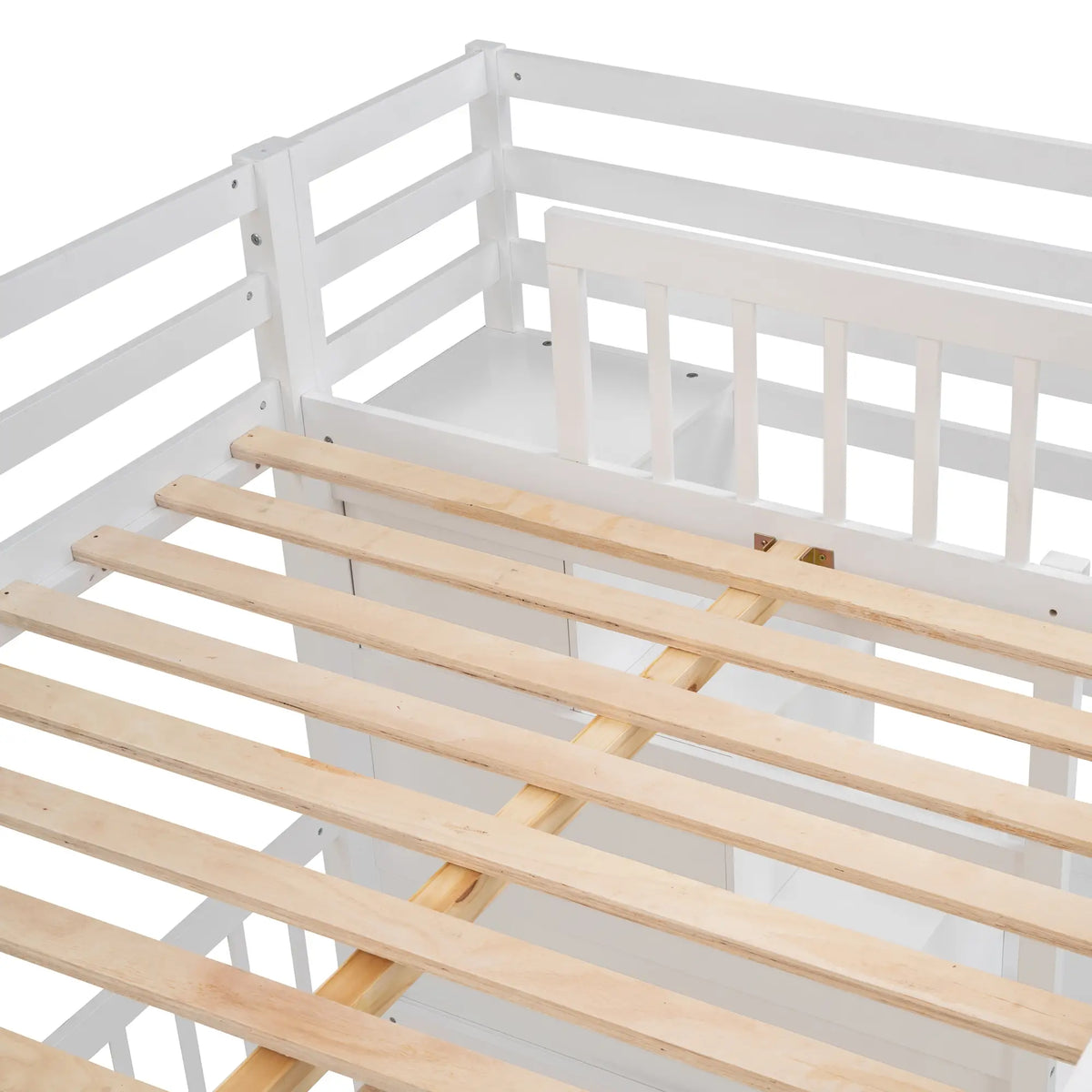 Over Twin Bunk Bed with Desk, Drawers, Shelves, 98" L x 80" W x 64.5" H, White Bed Frames at Gallery Canada