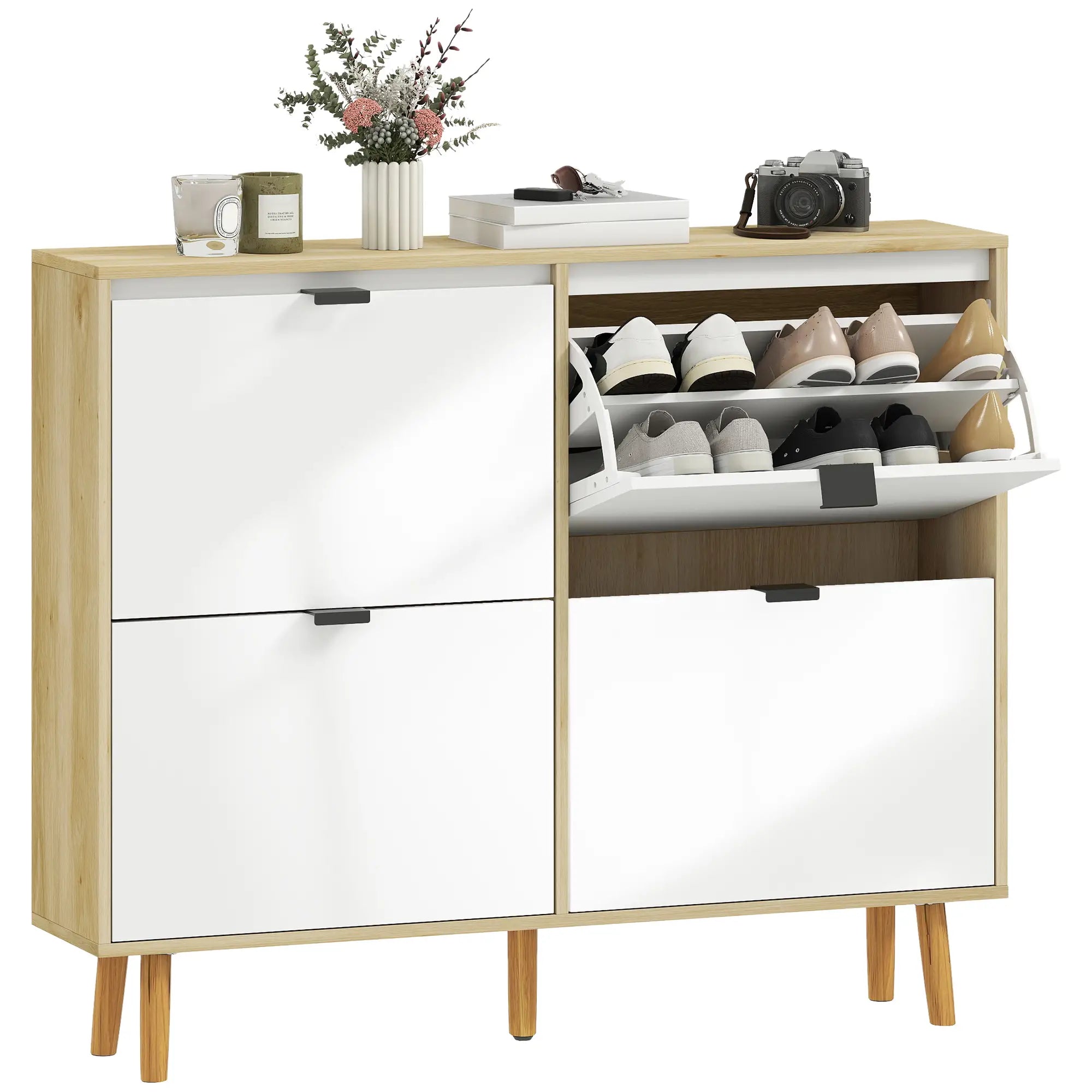 Narrow Shoe Cabinet, 4 Flip Drawers, Adjustable Shelves, Holds 20 Pairs, White Shoe Storage Cabinets & Racks at Gallery Canada