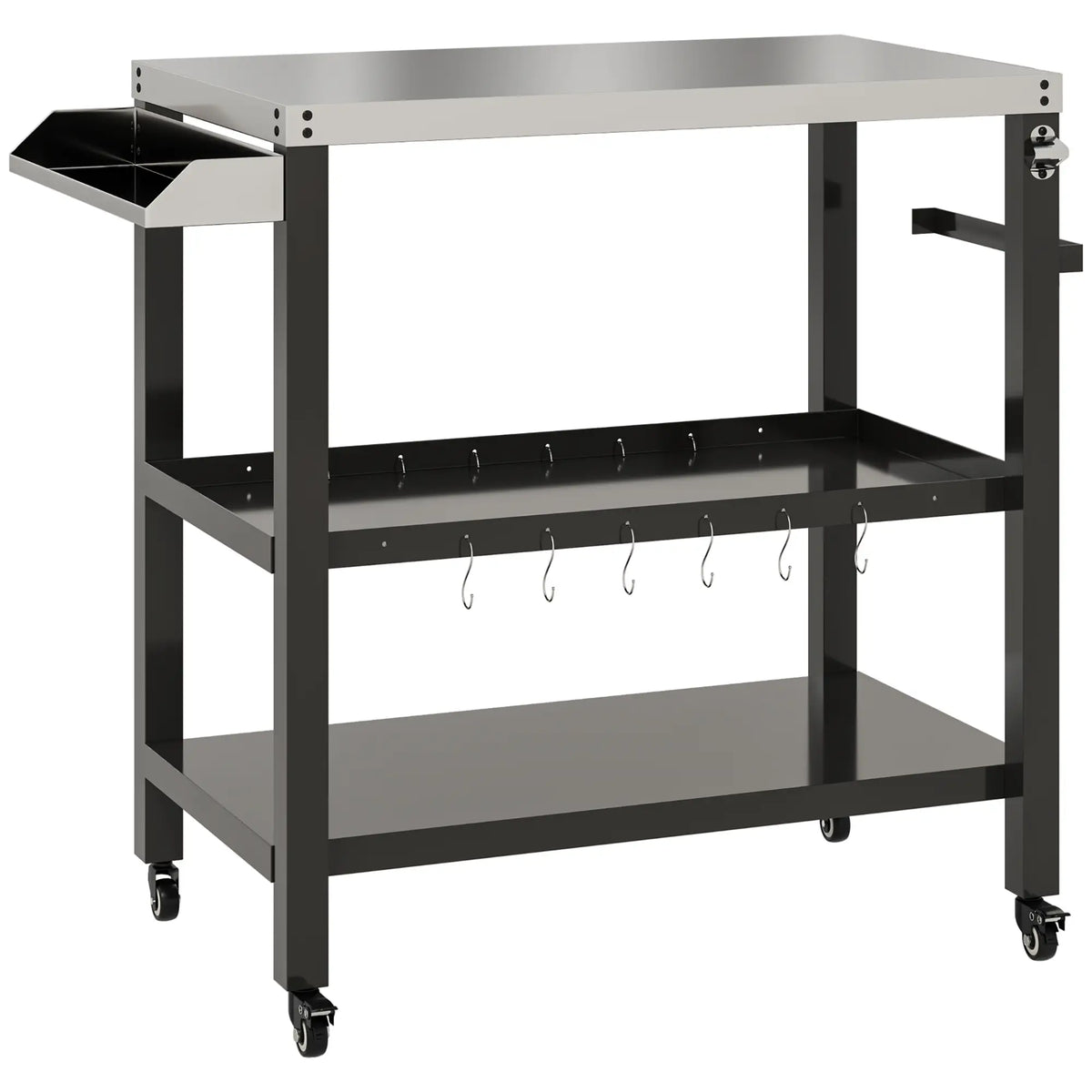Outdoor Kitchen Bar Cart With Wheels, Stainless Steel Pizza Oven Stand, Movable Prep Table With Hooks Outdoor Grill Carts Black, Silver at Gallery Canada