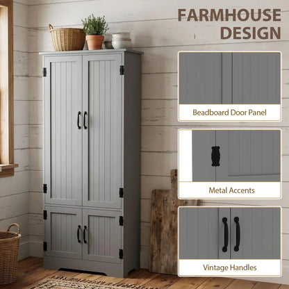 60" 4-Door Storage Cabinet, Multi-Storey Pantry, Adjustable Shelves, Grey, Grey Kitchen Pantry Cabinets at Gallery Canada