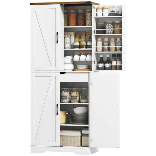 72 Inch Kitchen Pantry Cabinet, Farmhouse Storage with 4 Doors, Drawer, White