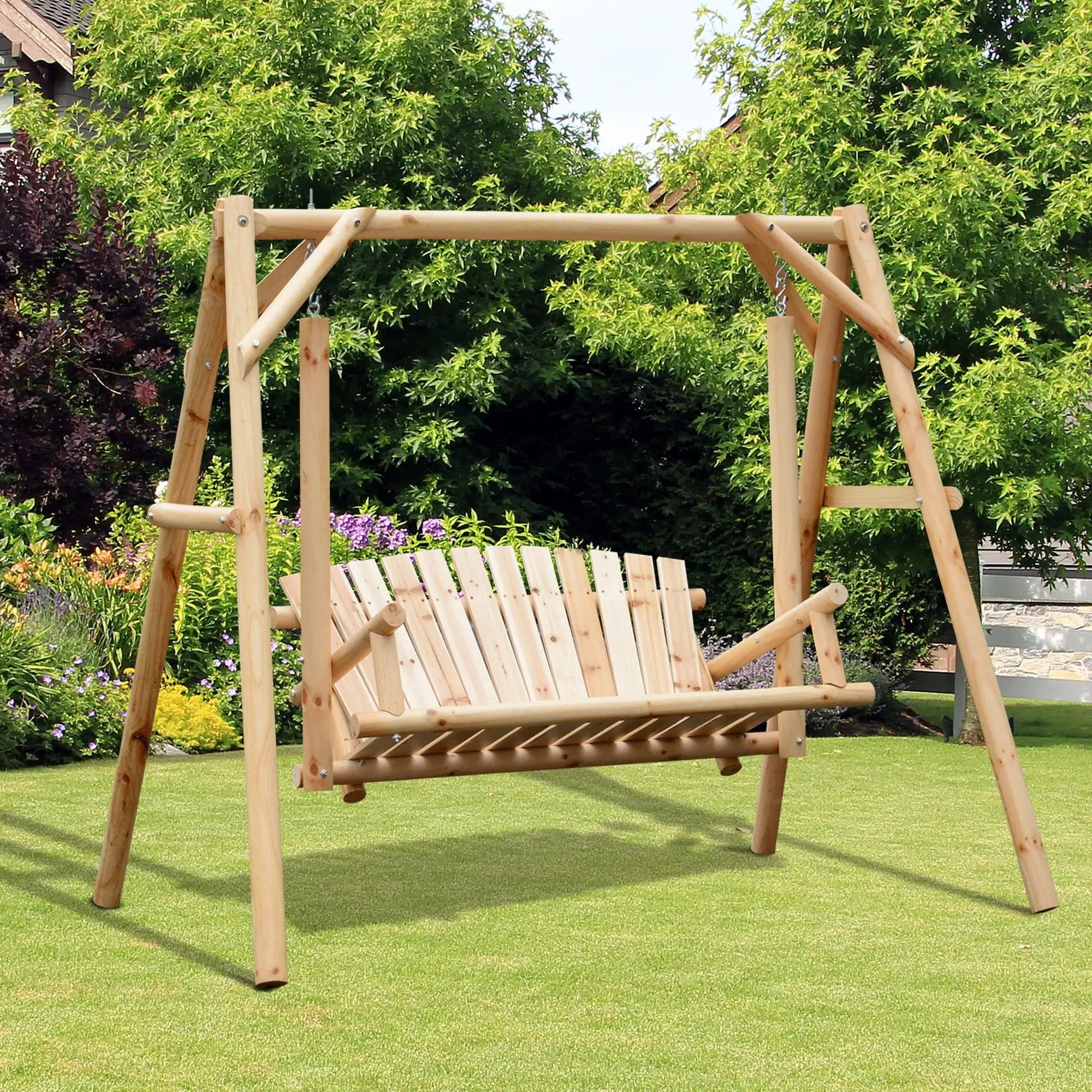 Freestanding 6.5' Wooden Loveseat Swing, Natural Patio Swings with Stand at Gallery Canada