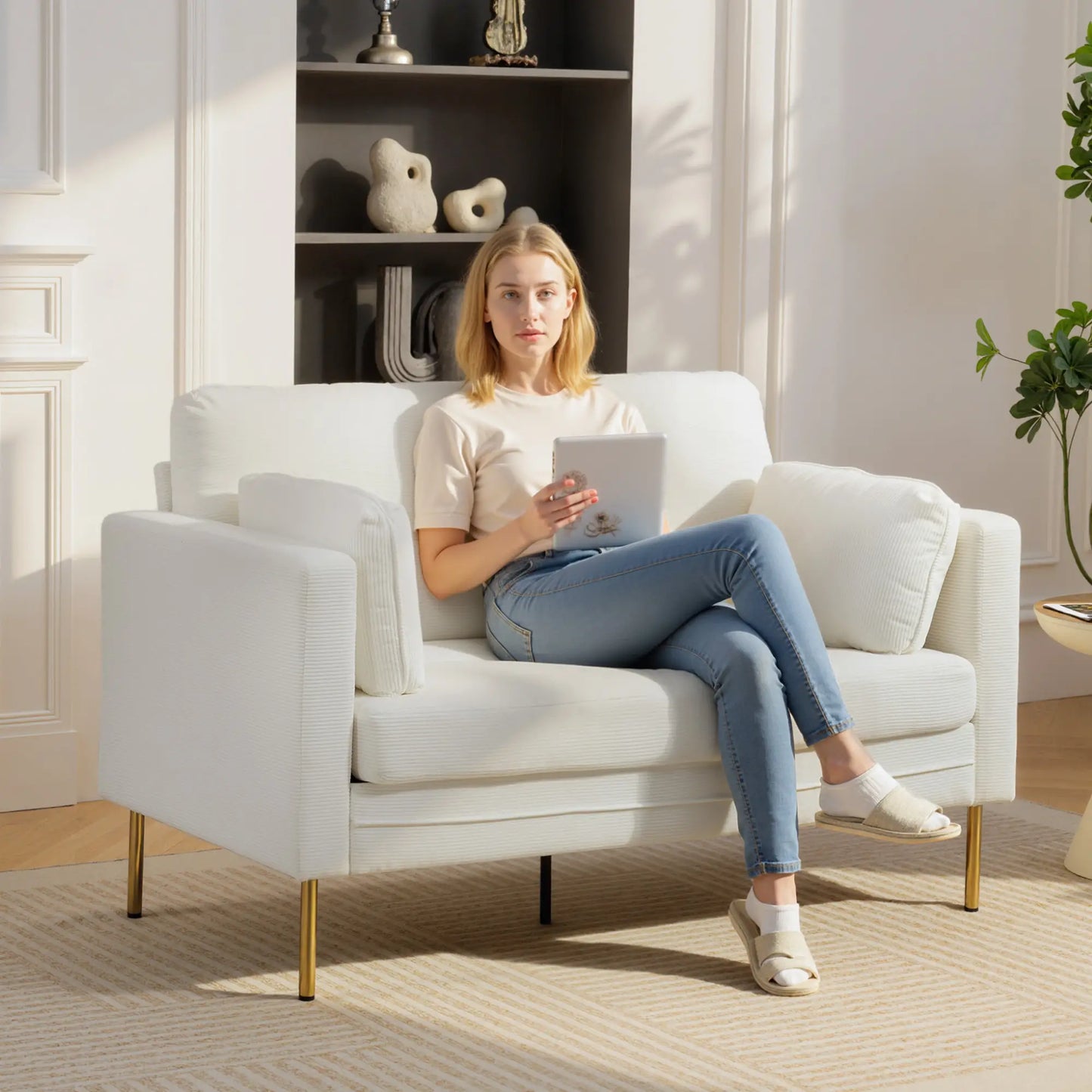 55" Loveseat Sofa, Metal Legs, 2 Pillows, Cream White 2-Seater Sofas at Gallery Canada