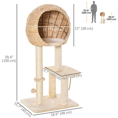 39" Cat Tree with Scratching Post, Condo, Plush Perch, Beige Cat Trees at Gallery Canada