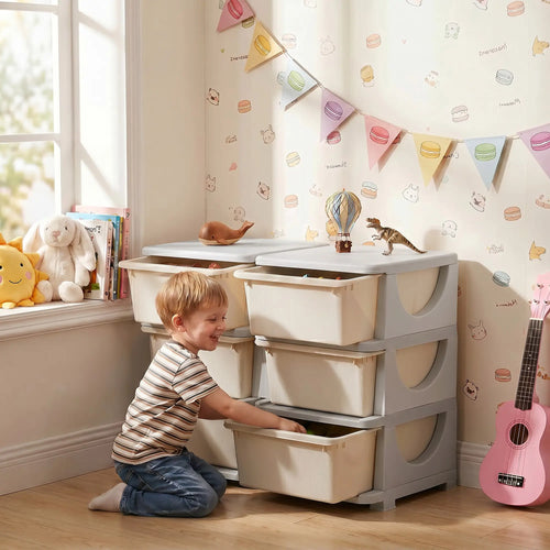 3 Tier Kids Toy Organizer, 6 Plastic Drawers, Cream White