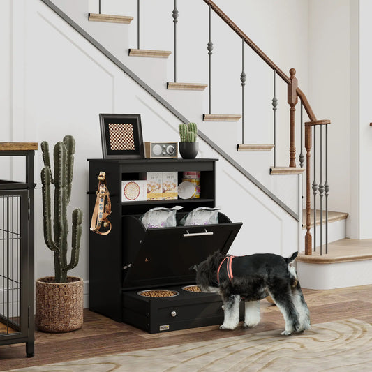 Pet Feeder Station, Dog Food Storage Cabinet with Bowls, Black Dog Bowls Black at Gallery Canada