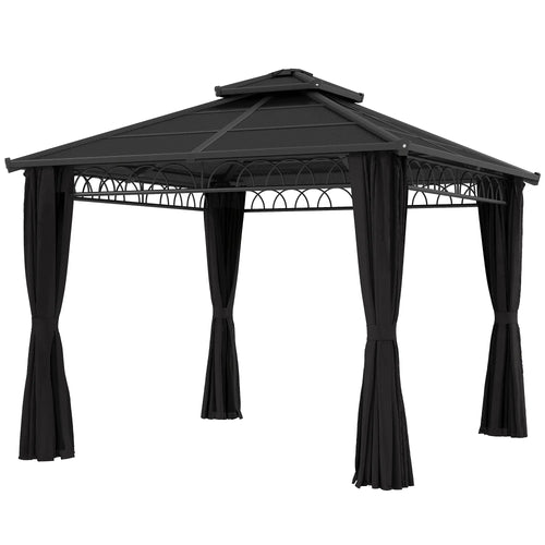 9' x 10' Hardtop Gazebo With Steel Frame, Nettings, Curtains, Black