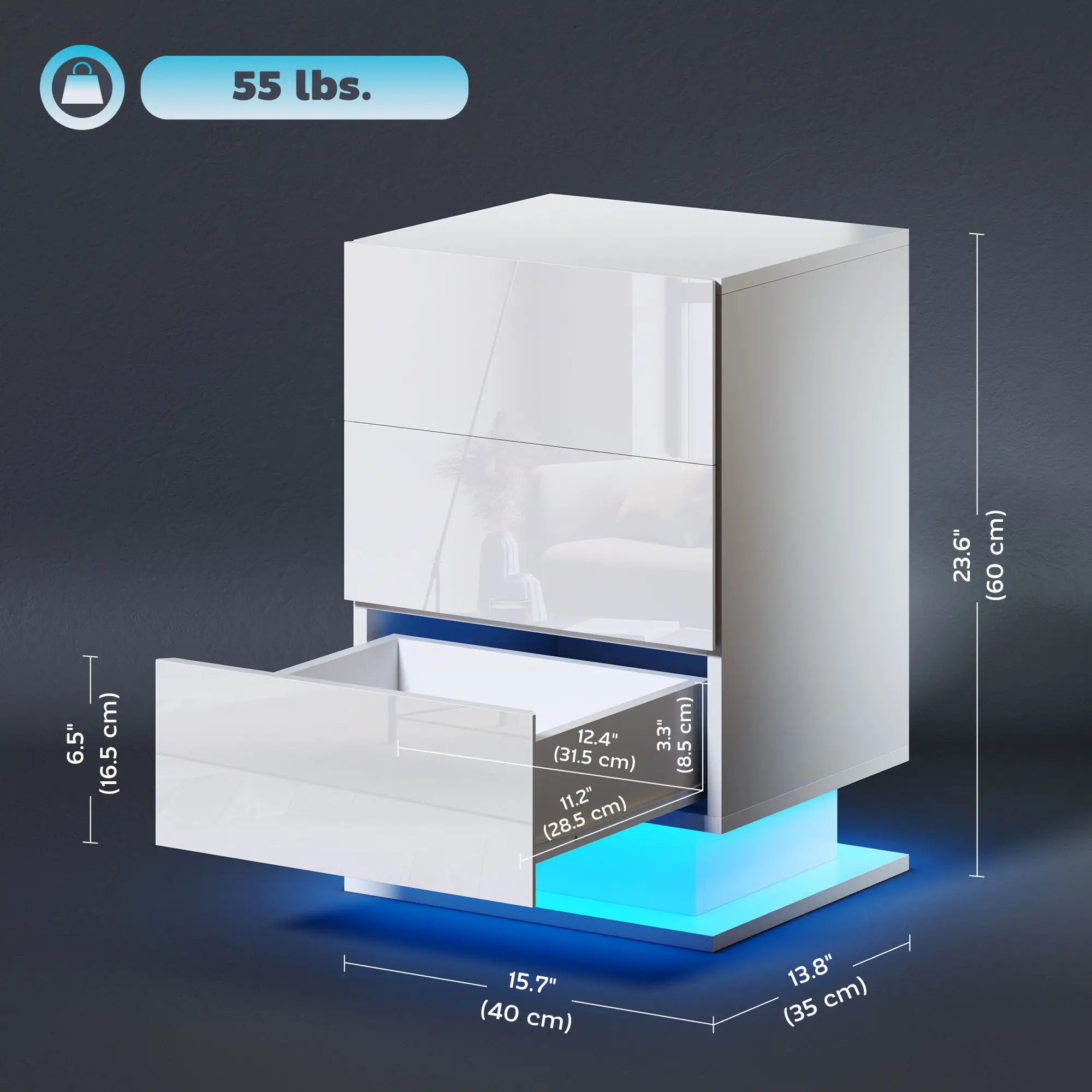 LED Nightstand with 3 Drawers, APP Control, White Bedside Tables at Gallery Canada