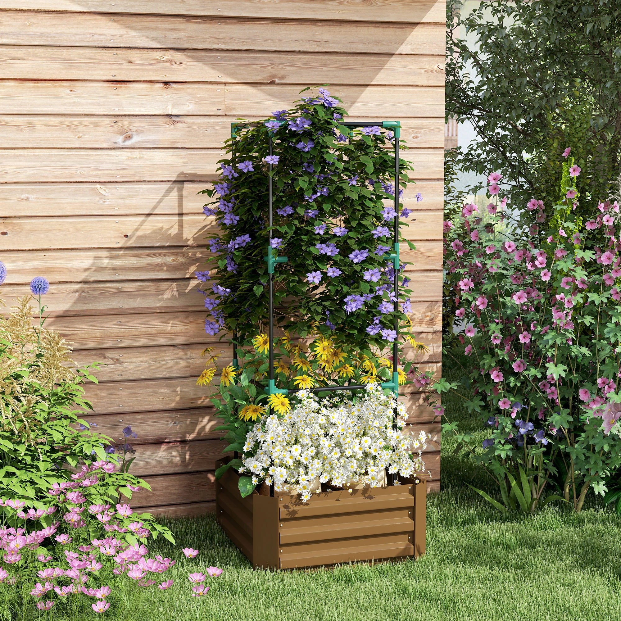 Galvanized Planter Box, Outdoor Raised Garden Bed with 3-Tier Trellis Tomato Cage for Climbing Vines, Vegetables, Brown Galvanized Planter Boxes at Gallery Canada