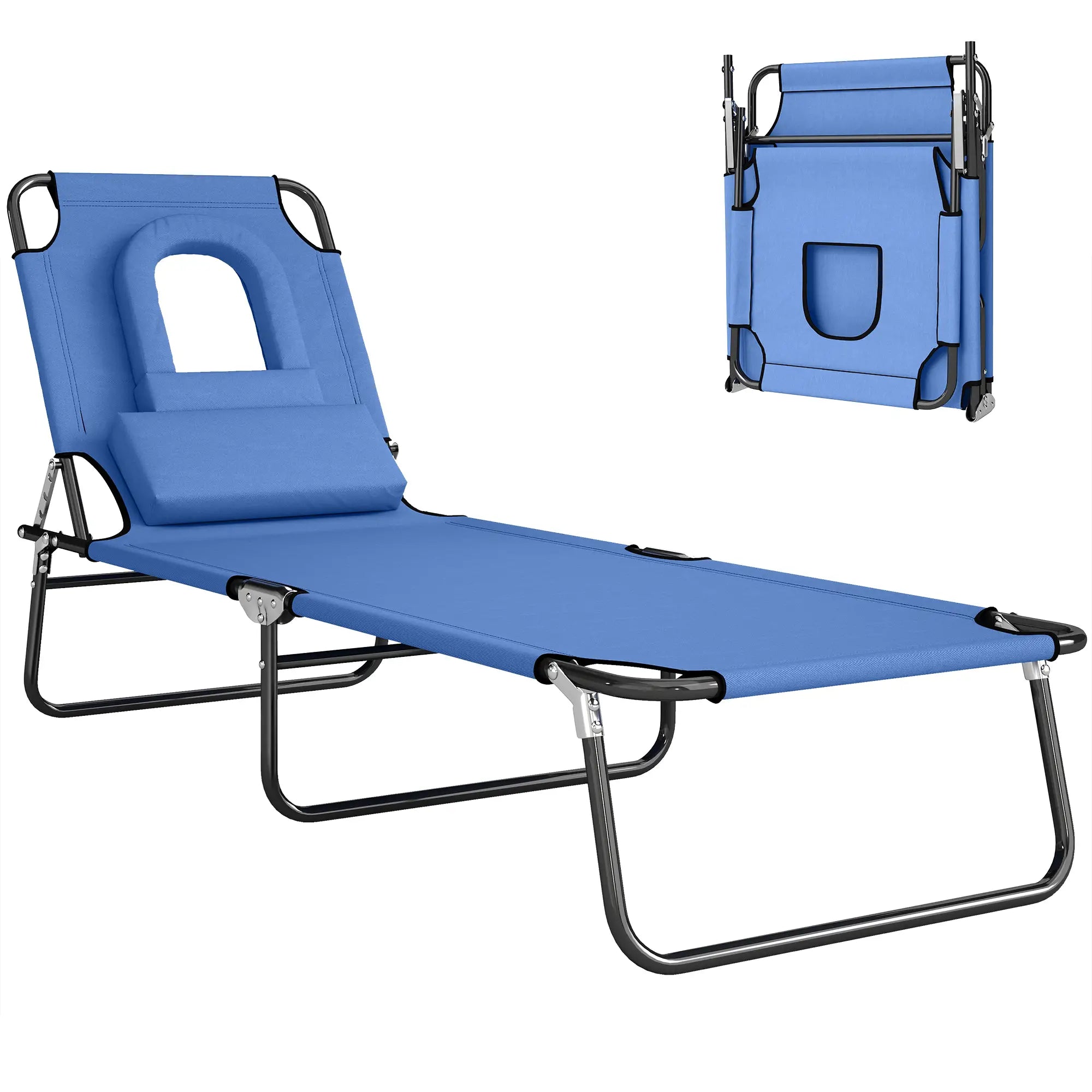 Adjustable Outdoor Lounge Chair, Folding Chaise with Face Hole, Blue Lounger Chairs Blue at Gallery Canada