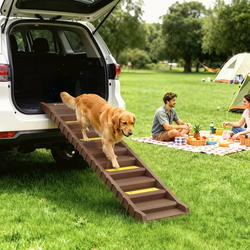 Foldable Dog Car Ramp, Anti-Slip Steps, Brown