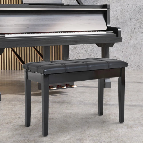 Classic Piano Bench, PU Leather, Rubber Wood Legs, Black