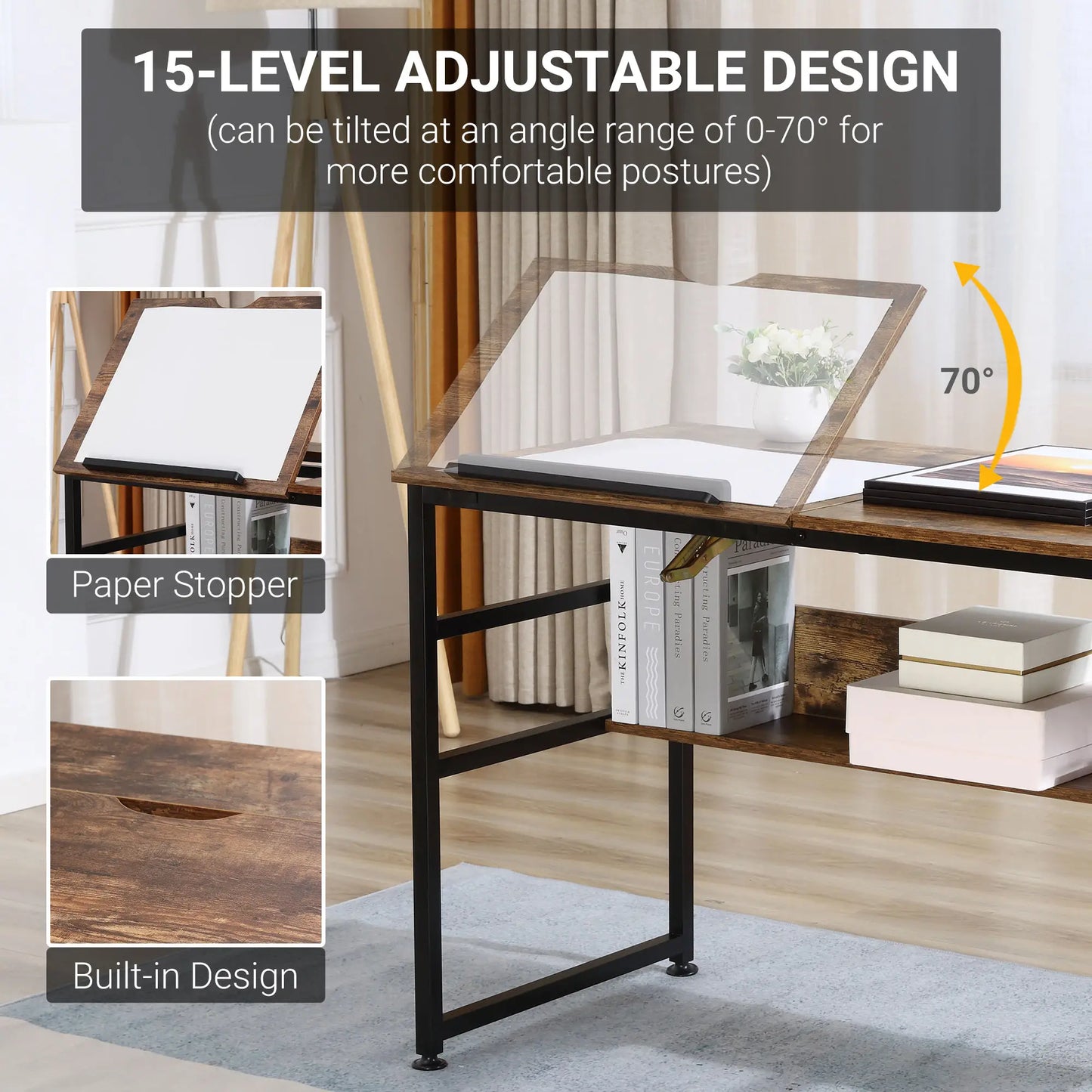 Adjustable Drafting Table, Art Desk, Tiltable Tabletop, Storage Shelf, Rustic Brown, Brown Writing Desks at Gallery Canada
