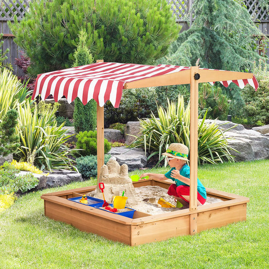 Kids Wooden Sandbox, Adjustable Height Cover, Bottom Liner, Seat, Plastic Basins, for 3-7 Years Sandboxes & Accessories Yellow at Gallery Canada