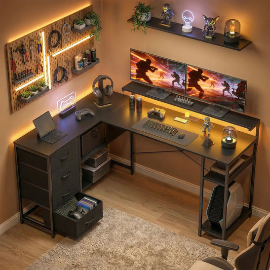 Gaming Desk With Power Outlets, LED Lights, Drawers, Monitor Stand, 61", Black Gaming Desks Black at Gallery Canada