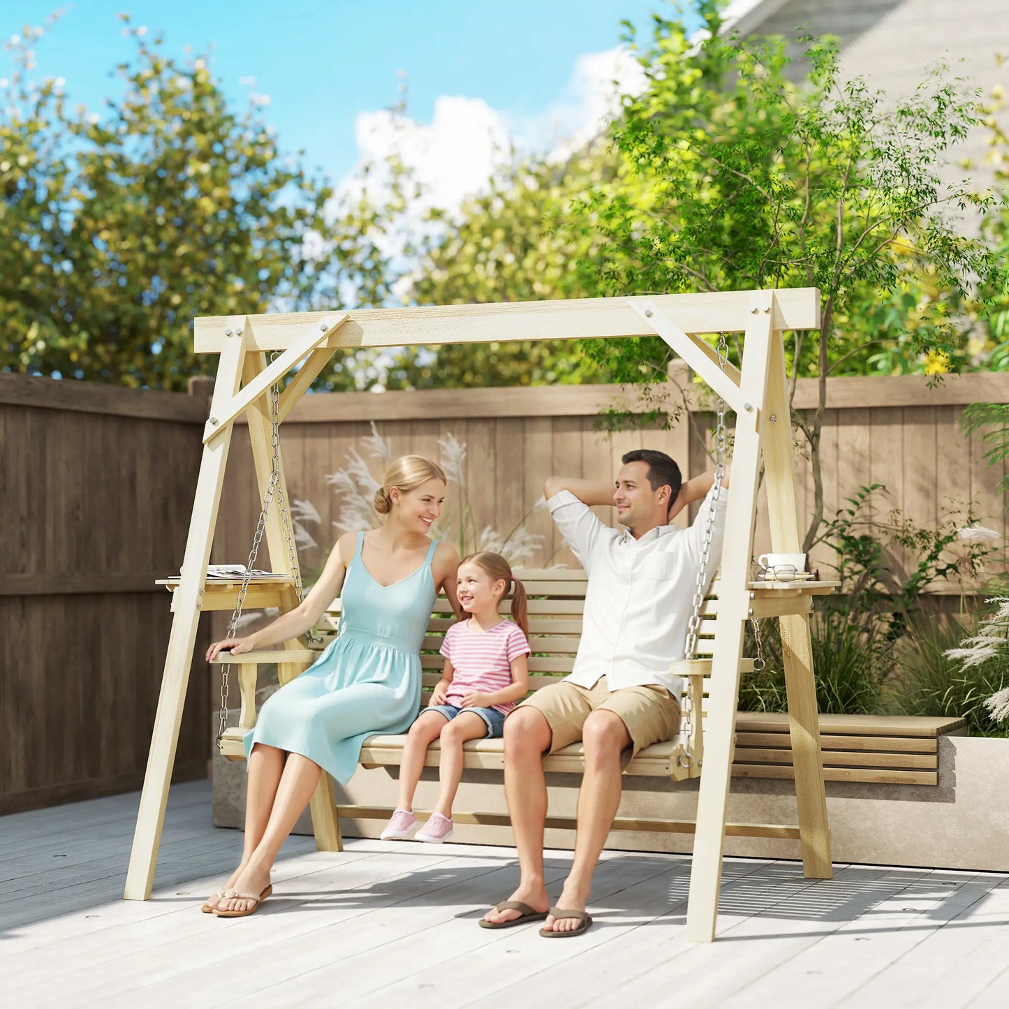 3 Seat Wooden Porch Swing With Stand, Natural Wood Patio Swings with Stand at Gallery Canada