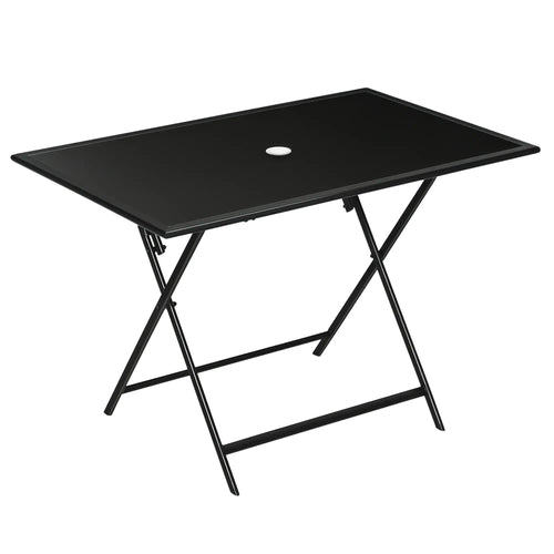 Foldable Outdoor Dining Table With Umbrella Hole, Glass Top, Black
